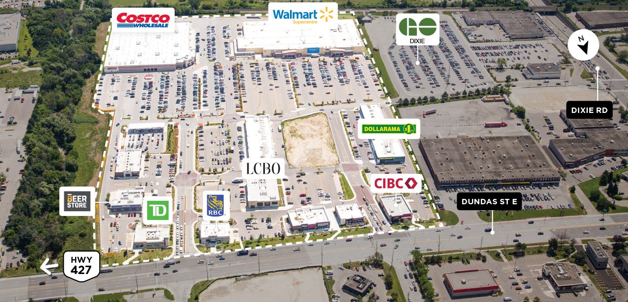 Creekside Crossing property map detailing proximity to Highway 427 in Missisauga, Ontario