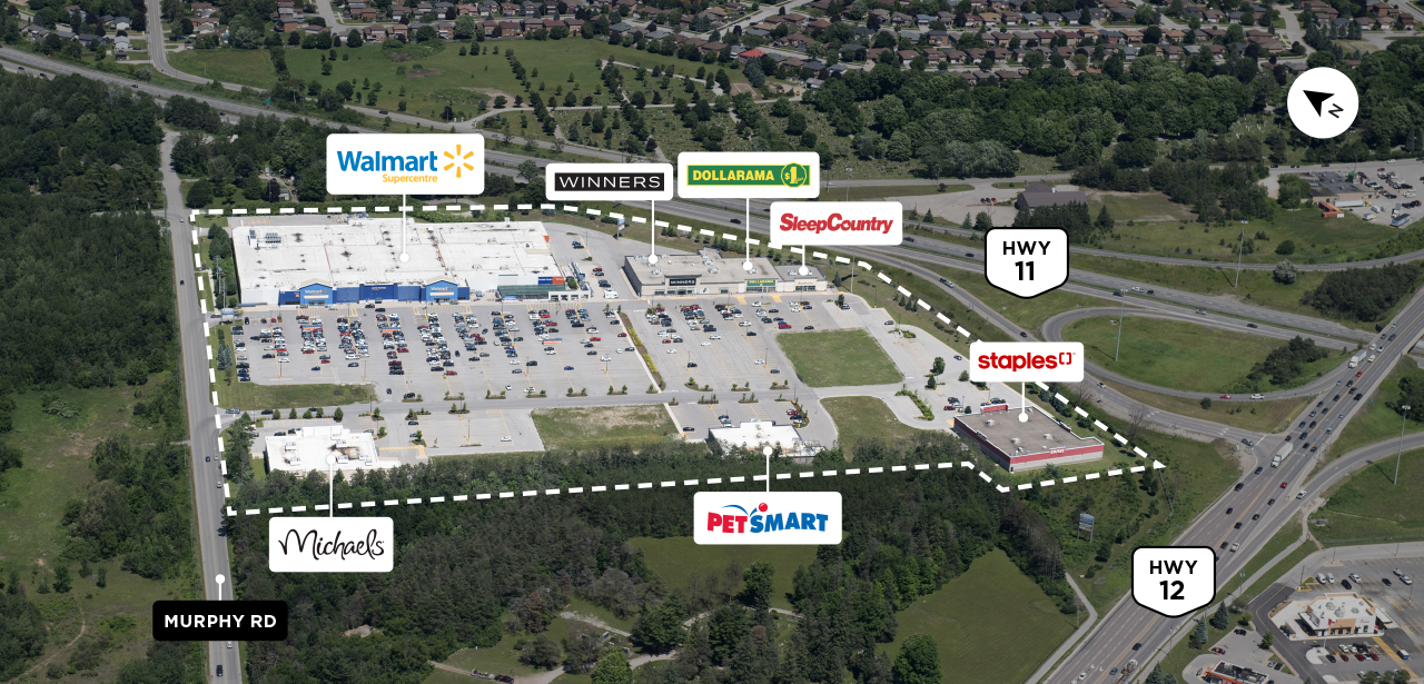 Property map of the SmartCentres Orillia shopping center with frontage on Highway 11