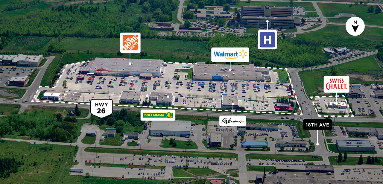 SmartCentres Owen Sound property map showcasing highway accessibility and proximity to the hospital