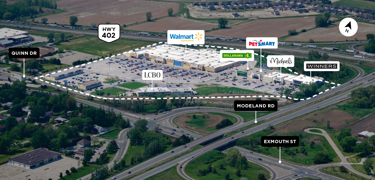 SmartCentres Sarnia property map outlining easy accessibility to Highway 402