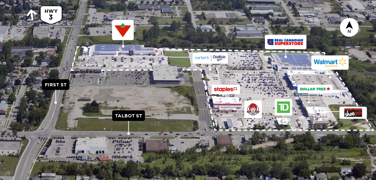 Property map of the SmartCentres St Thomas retail center detailing main stores and businesses