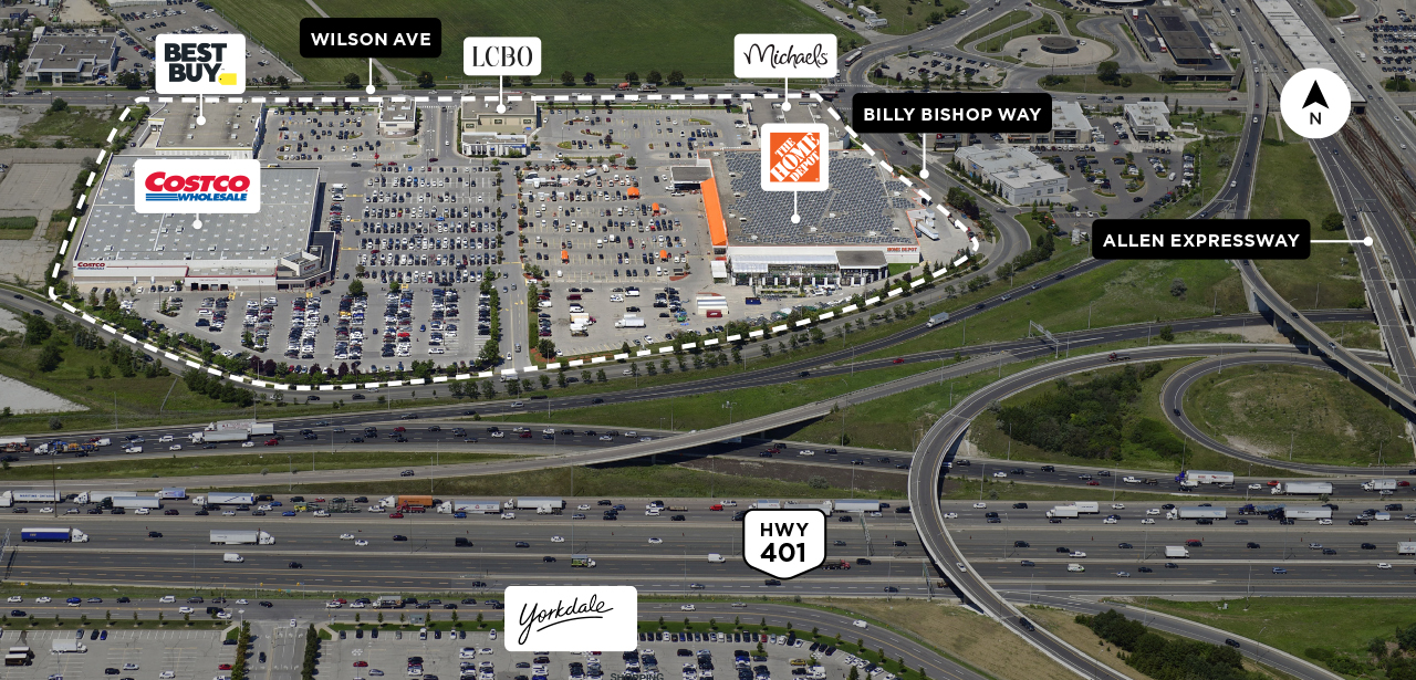 SmartCentres Downsview property map highlighting connectivity to Highway 401 and proximity to Yorkdale Shopping Centre