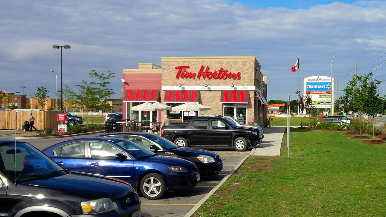 Image of a Tim Horton's coffee shop at SmartCentres' open-air shopping centre in Alliston, Ontario
