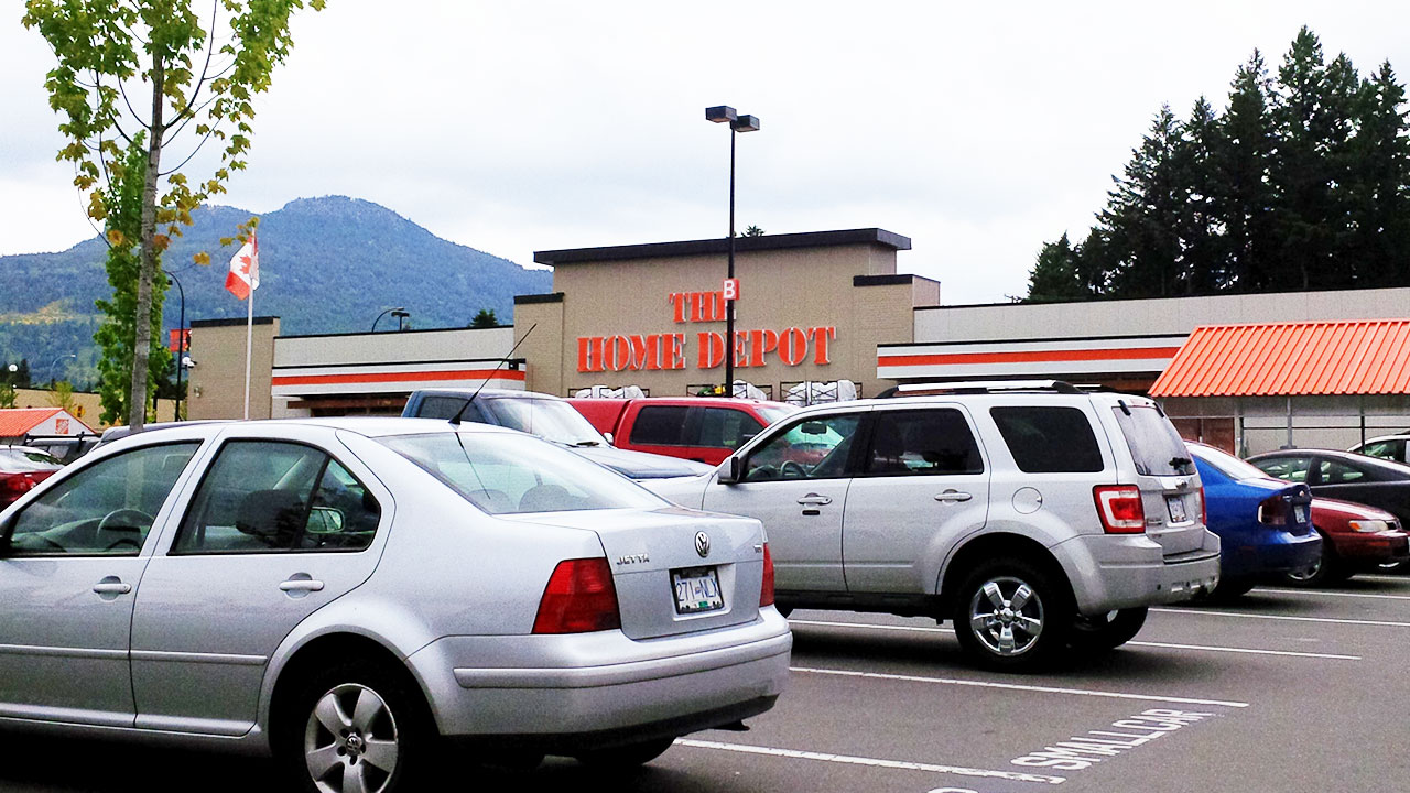 Ground level image of a Home Depot hardware store at SmartCenters Cowichan shopping center